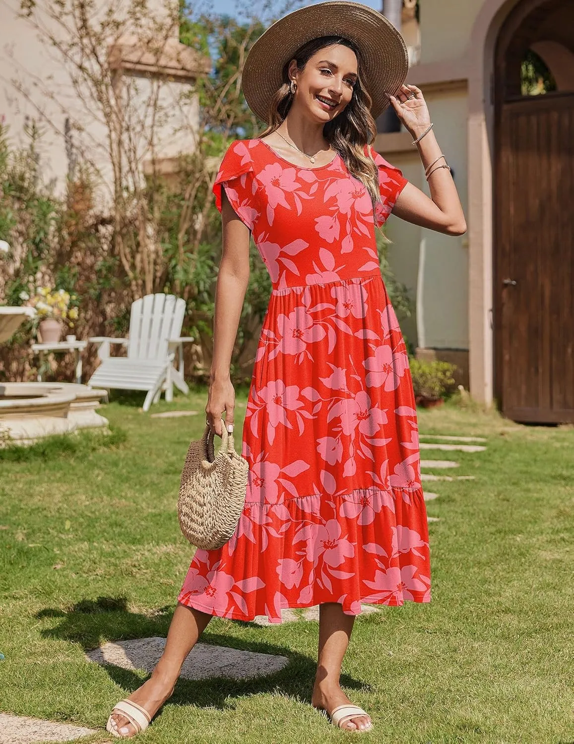 Zeagoo Midi A Line Dress Short Sleeve Casual Flowy Tiered Sundress