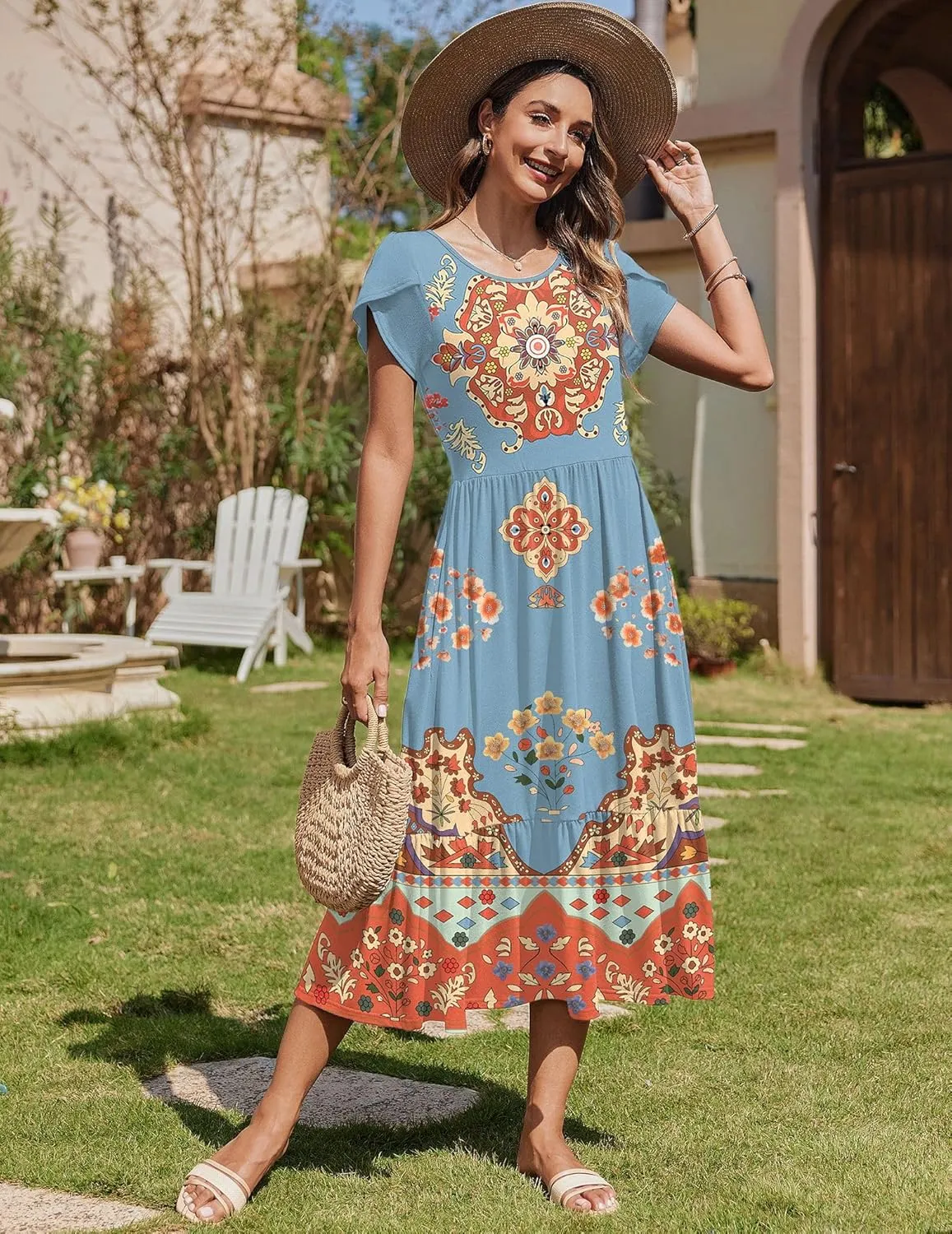 Zeagoo Midi A Line Dress Short Sleeve Casual Flowy Tiered Sundress