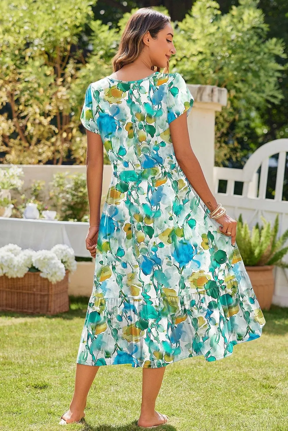 Zeagoo Midi A Line Dress Short Sleeve Casual Flowy Tiered Sundress