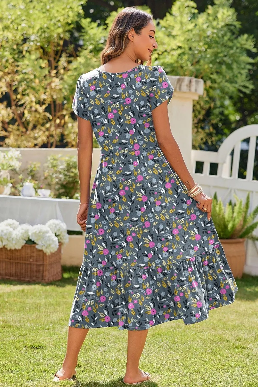 Zeagoo Midi A Line Dress Short Sleeve Casual Flowy Tiered Sundress