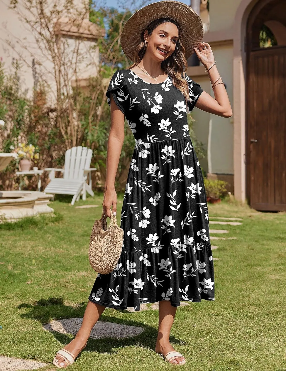 Zeagoo Midi A Line Dress Short Sleeve Casual Flowy Tiered Sundress