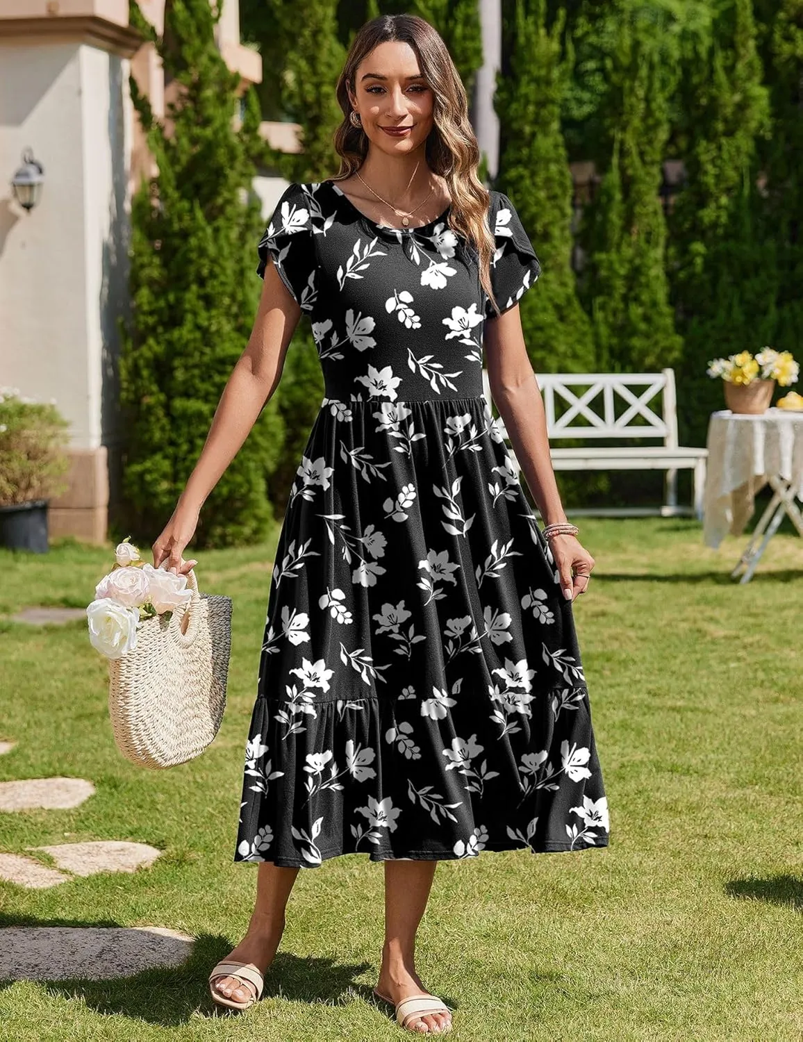 Zeagoo Midi A Line Dress Short Sleeve Casual Flowy Tiered Sundress