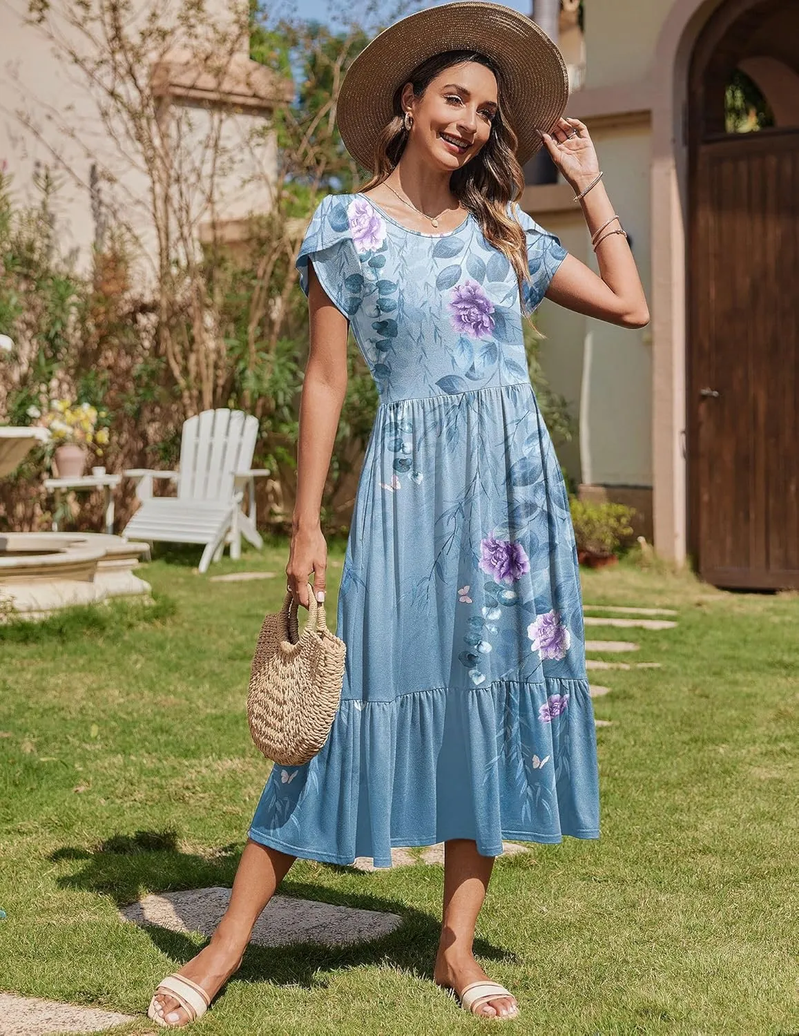 Zeagoo Midi A Line Dress Short Sleeve Casual Flowy Tiered Sundress