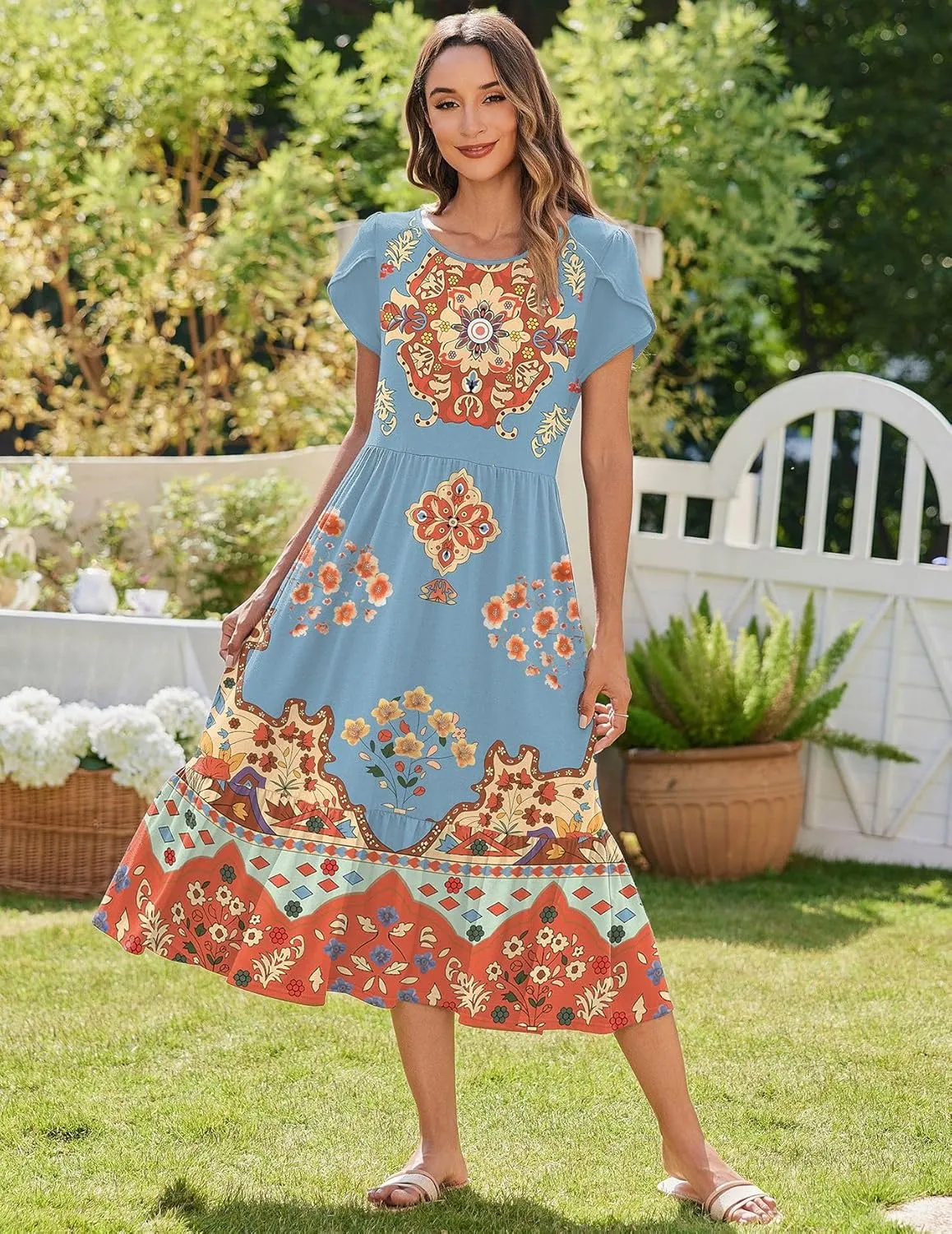 Zeagoo Midi A Line Dress Short Sleeve Casual Flowy Tiered Sundress