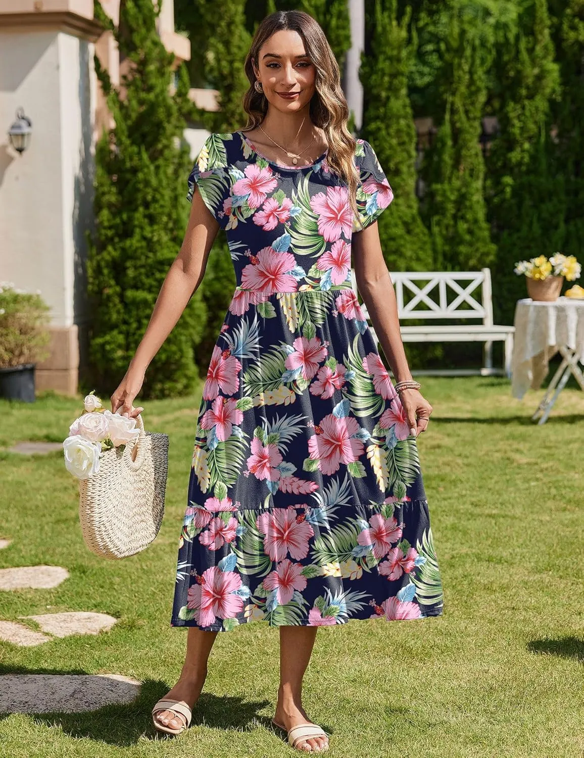Zeagoo Midi A Line Dress Short Sleeve Casual Flowy Tiered Sundress
