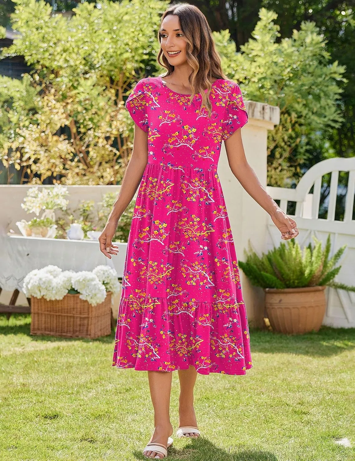 Zeagoo Midi A Line Dress Short Sleeve Casual Flowy Tiered Sundress