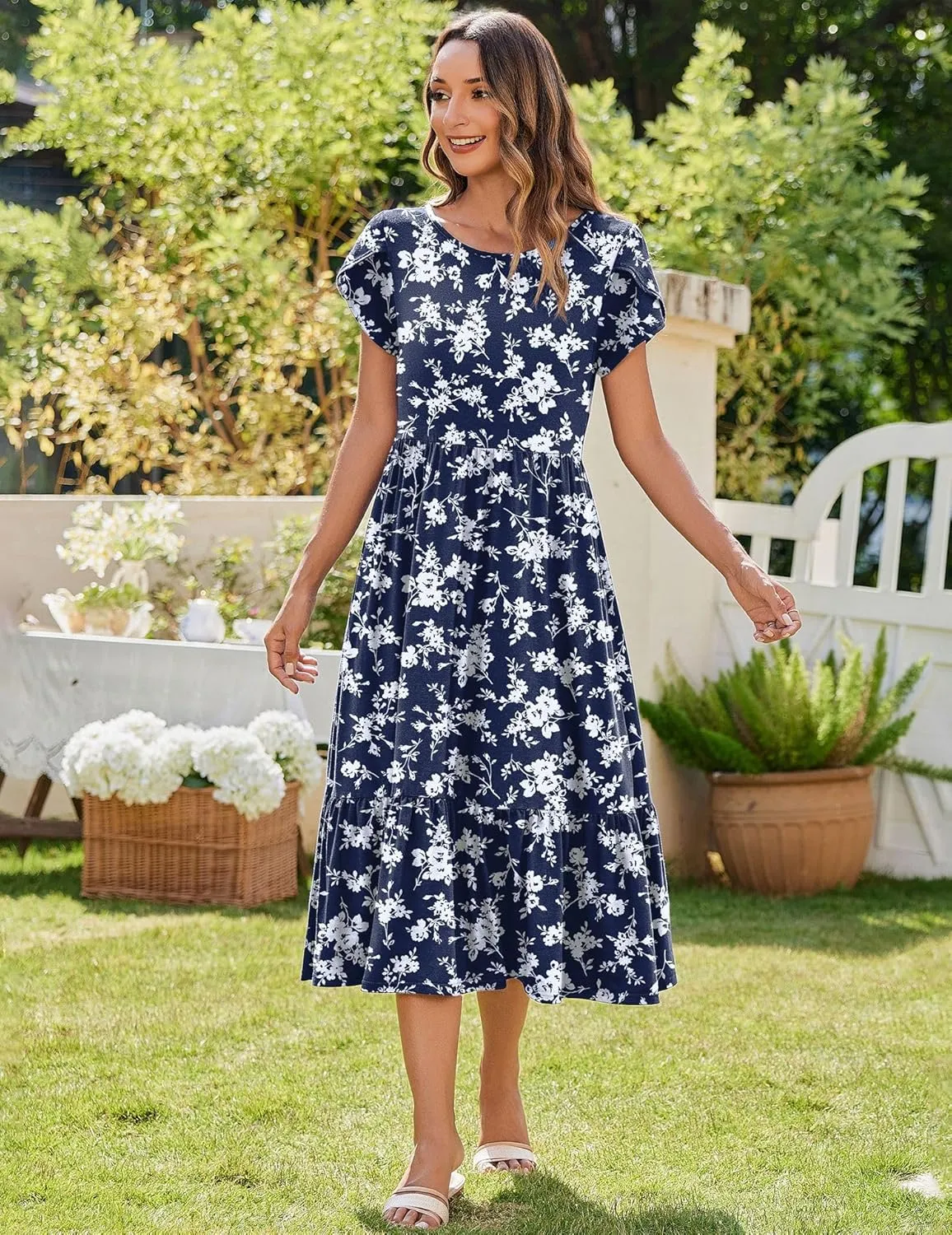 Zeagoo Midi A Line Dress Short Sleeve Casual Flowy Tiered Sundress