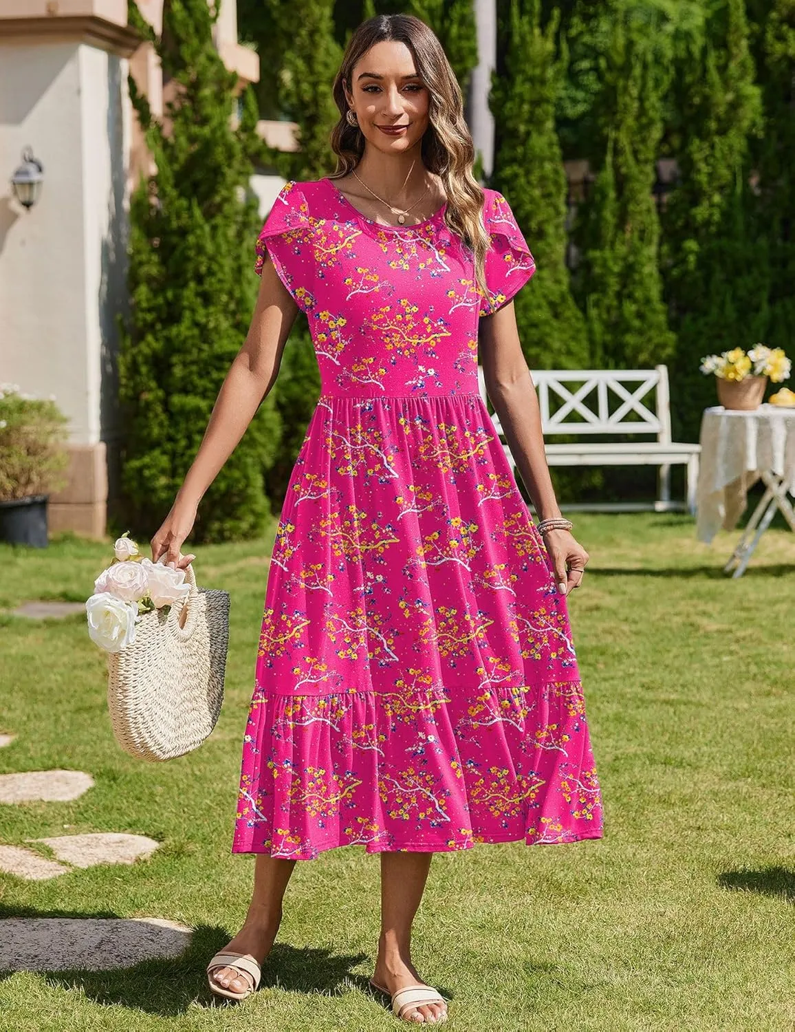 Zeagoo Midi A Line Dress Short Sleeve Casual Flowy Tiered Sundress