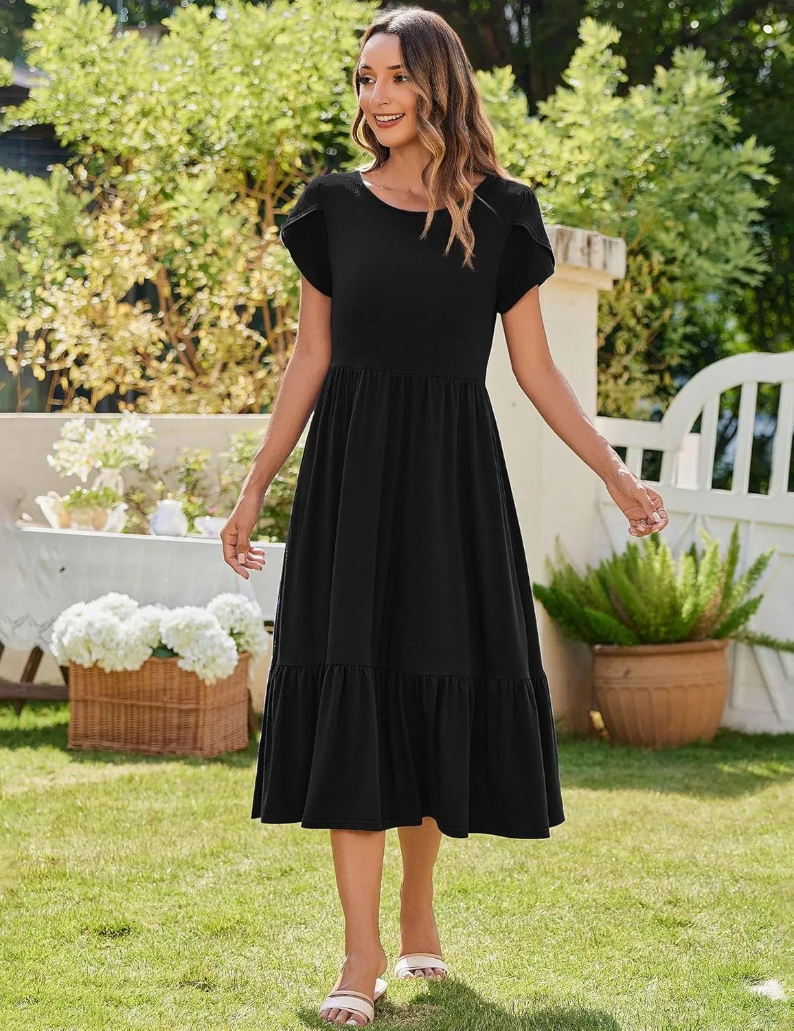 Zeagoo Midi A Line Dress Short Sleeve Casual Flowy Tiered Sundress