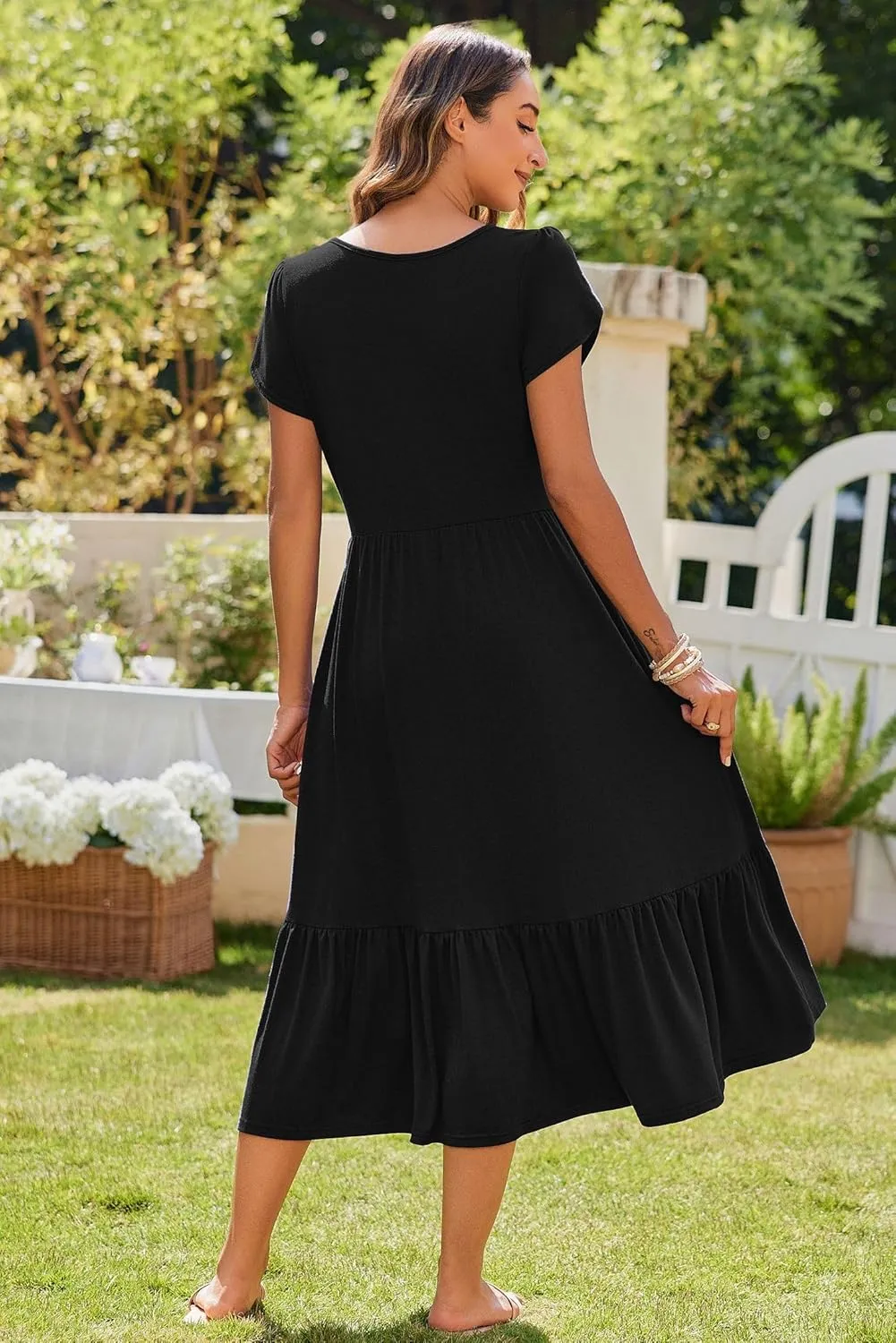 Zeagoo Midi A Line Dress Short Sleeve Casual Flowy Tiered Sundress