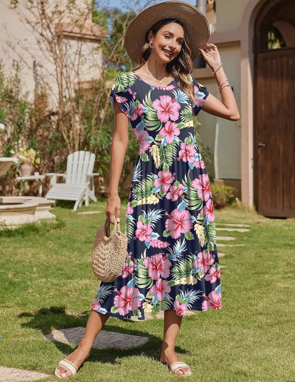 Zeagoo Midi A Line Dress Short Sleeve Casual Flowy Tiered Sundress