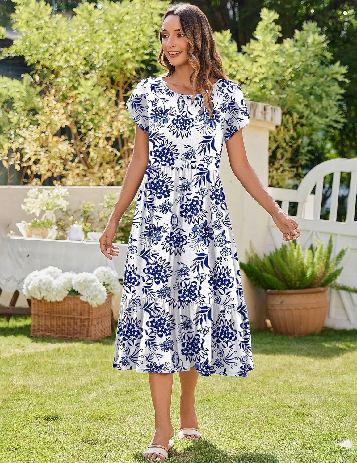 Zeagoo Midi A Line Dress Short Sleeve Casual Flowy Tiered Sundress