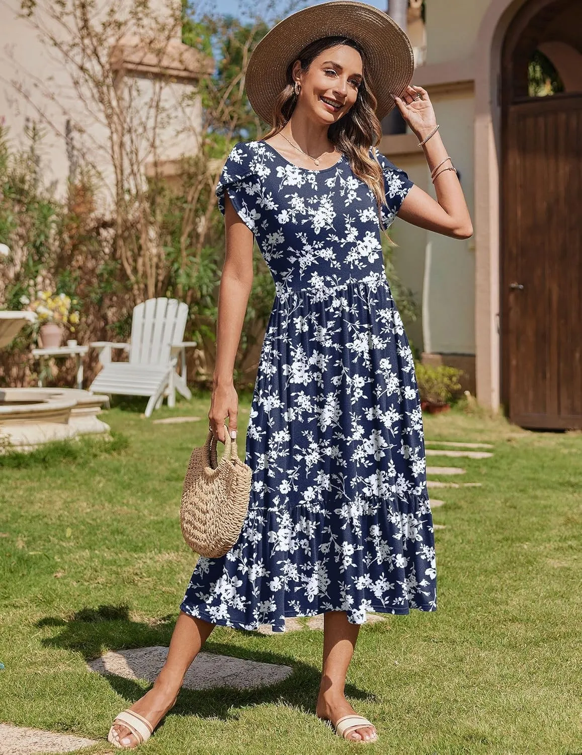 Zeagoo Midi A Line Dress Short Sleeve Casual Flowy Tiered Sundress