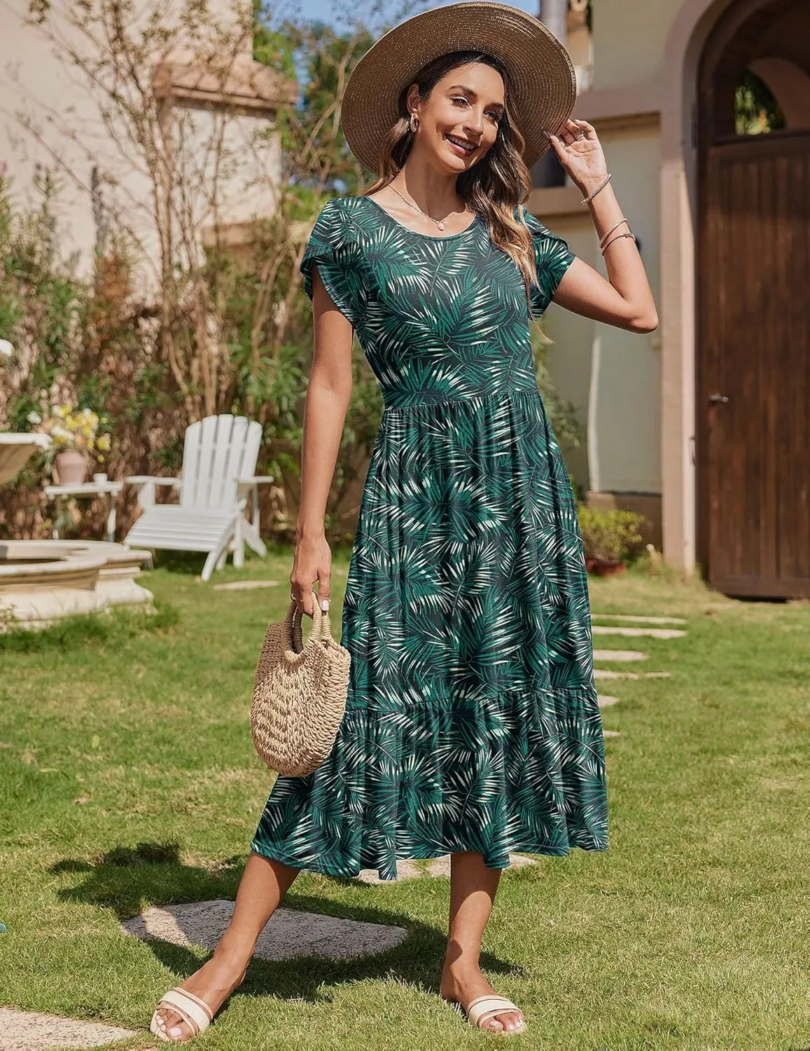 Zeagoo Midi A Line Dress Short Sleeve Casual Flowy Tiered Sundress