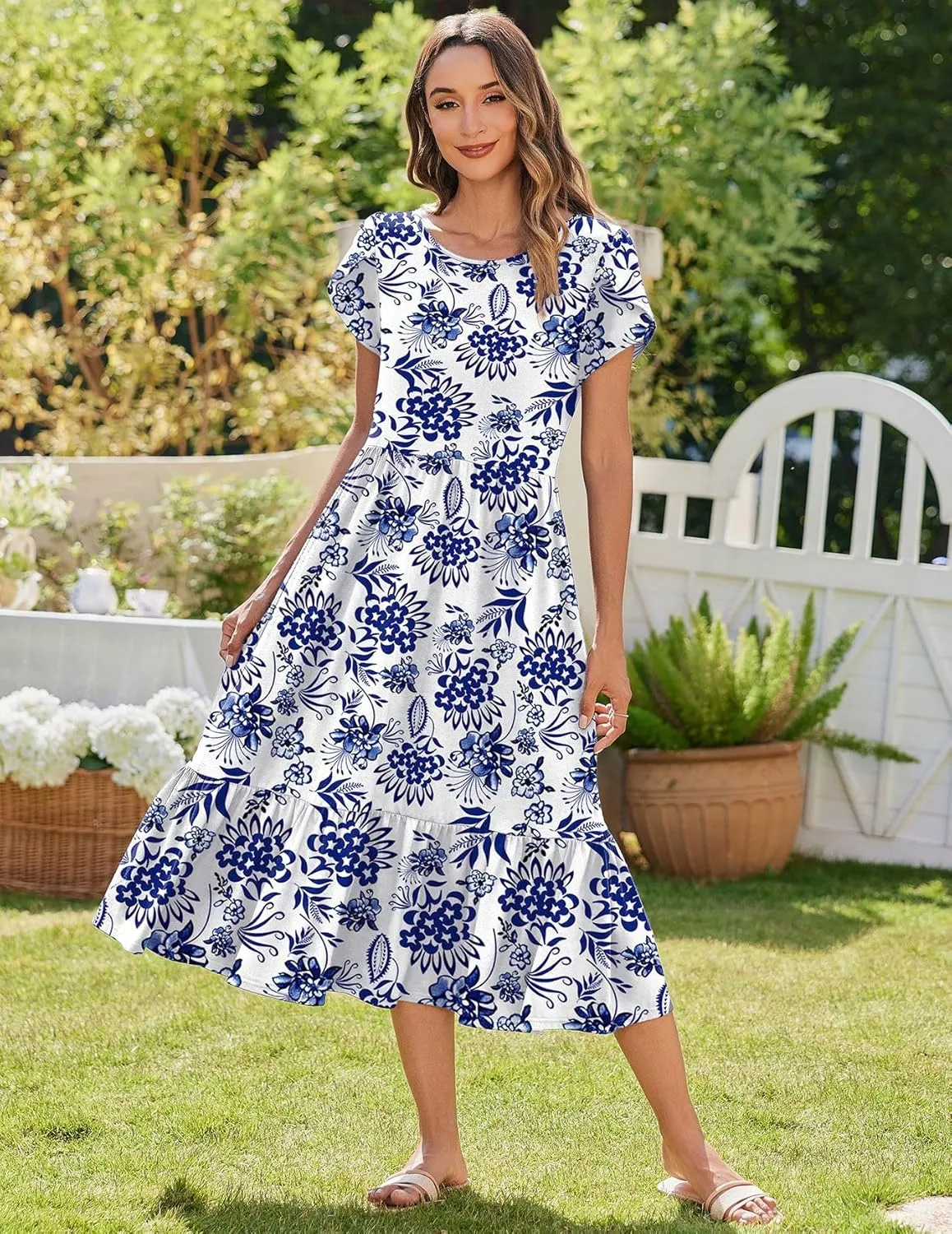 Zeagoo Midi A Line Dress Short Sleeve Casual Flowy Tiered Sundress