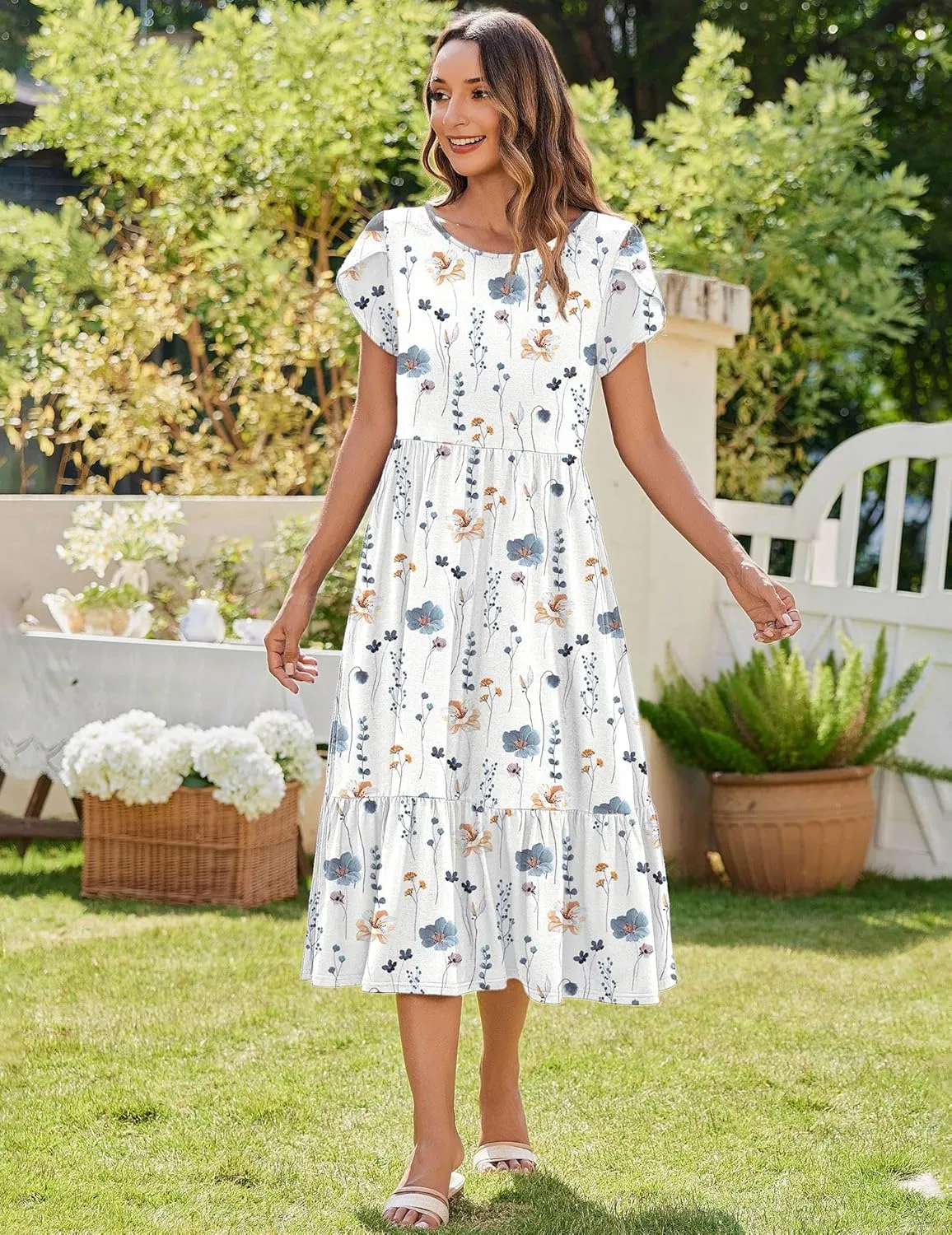 Zeagoo Midi A Line Dress Short Sleeve Casual Flowy Tiered Sundress
