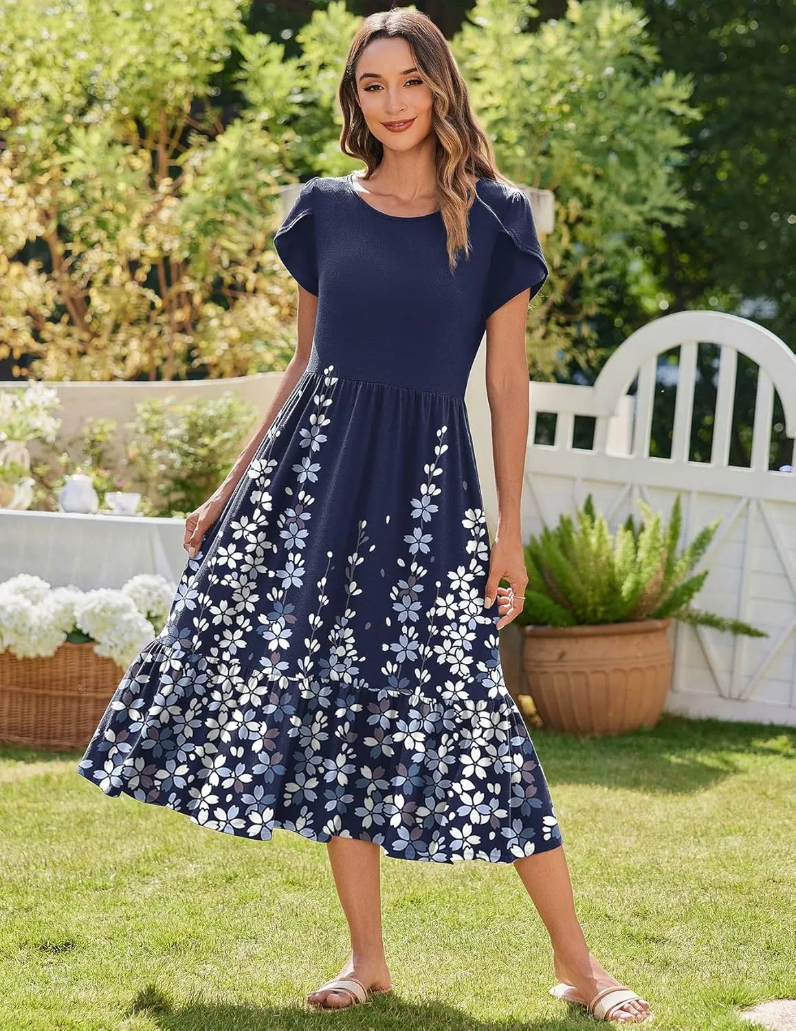Zeagoo Midi A Line Dress Short Sleeve Casual Flowy Tiered Sundress